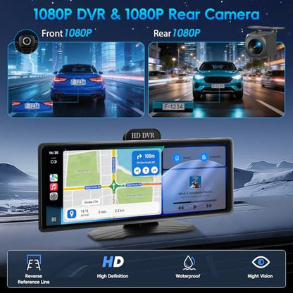 10.26" Portable Wireless CarPlay & Android Auto Screen for Car Stereo with 1080P Dash Cam & Backup Camera
