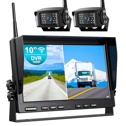 HD 1080P DVR 10" Wireless RV Backup Camera System (Coal Black / 10-inch+2 Cam)