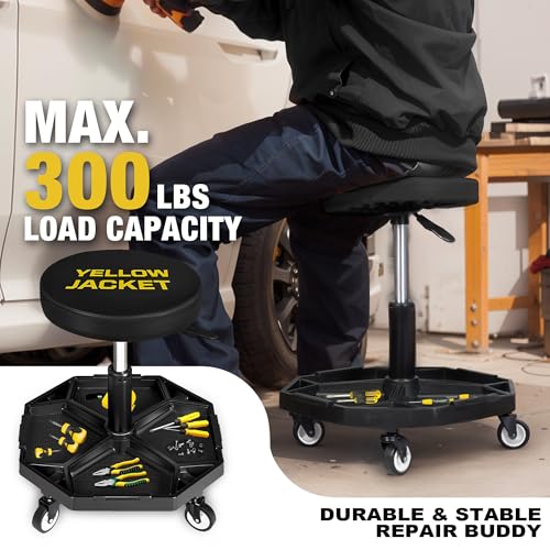 Pneumatic Shop Creeper Seat Adjustable Mechanic Stool with Wheels 300Lbs and Removable Tool Tray Storage Workshop Chair for Auto Repair (Black and Yellow)