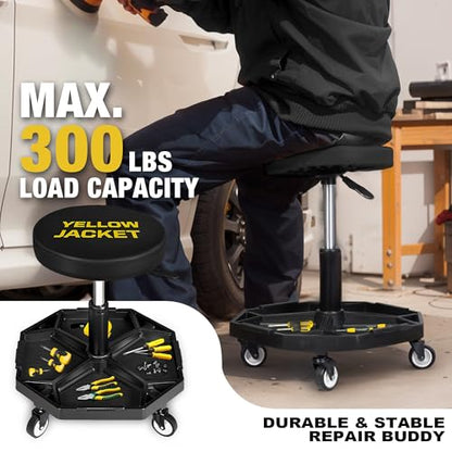 Pneumatic Shop Creeper Seat Adjustable Mechanic Stool with Wheels 300Lbs and Removable Tool Tray Storage Workshop Chair for Auto Repair (Black and Yellow)