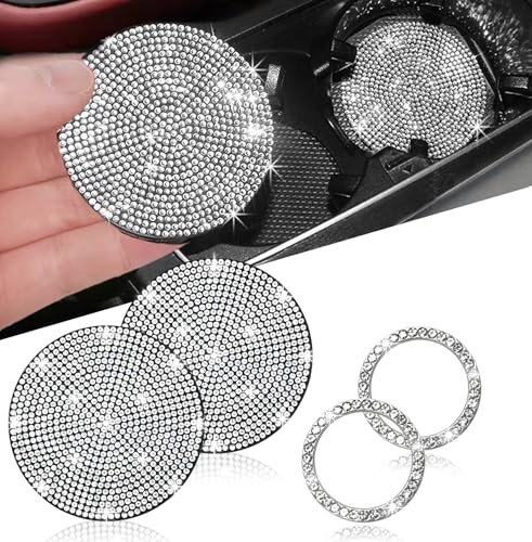 2pcs Bling Car Cup Holder Coasters & 2pcs Push Start Button (Silvery / 4pcs)