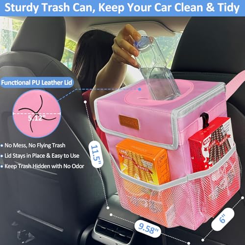 Leak Proof Car Trash Can with Lid Large Pink (Pink / 3 Gallons)