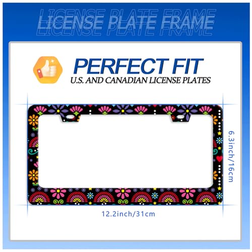 Folk Flowers License Plate Frame Stainless Steel Accessory 12.3x6.3 Inch (Folk Flower Vintage Floral)