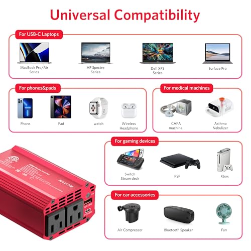 300W Power Inverter DC 12V to 110V AC Car Outlet Adapter with USB (Red)