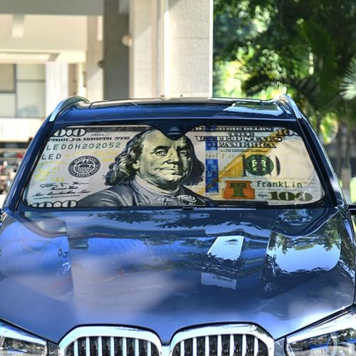 Car Windshield Sun Shade 100 Dollar Bill Printed Foldable Car Front Windshield Sunshade Blocks UV Rays Sun Visor Sun Heat Protection for Car Truck SUV to Keep Your Vehicle Cool (Medium / Dollar Bill)