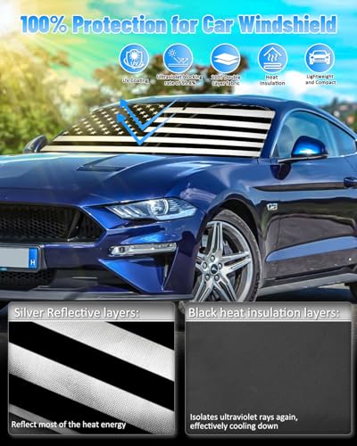 B&W American Flag Car Windshield Sun Shade Compatible with Ford Mustang 2015 (for Ford Mustang 2015-2023 - USA Flag)