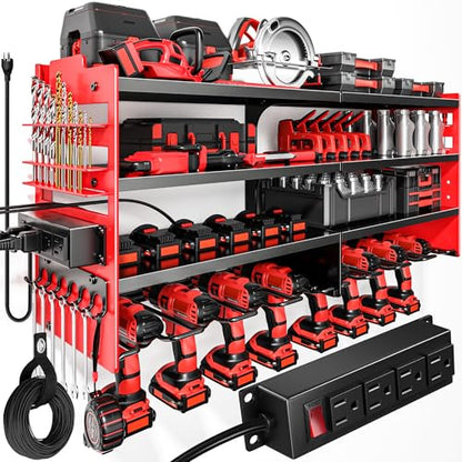 Large Power Tool Organizer Wall Mount with Charging Station (Red / Large)