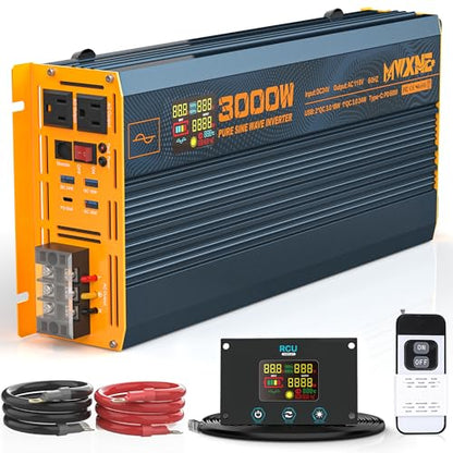 3000W Pure Sine Wave Power Inverter DC 24V to 110V 120V AC with 4 Quick Charging USB Ports& Dual AC Outlets Power Inverters for Vehicles RV Truck Home with LCD Display and Remote Controller (3000W- 24V)