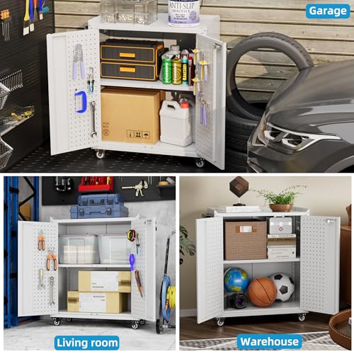 Storage Cabinet with Wheels and Pegboard (White / 14"D x 26"W x 31.5"H)