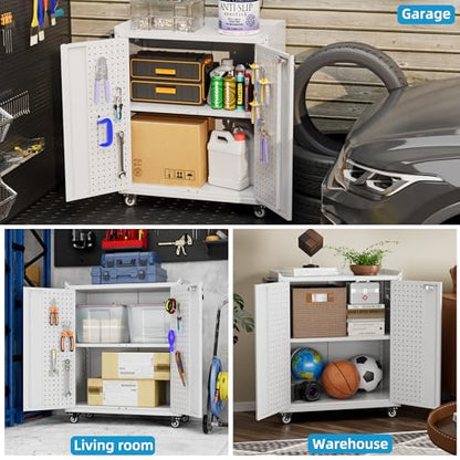 Storage Cabinet with Wheels and Pegboard (White / 14"D x 26"W x 31.5"H)