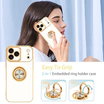 for iPhone 17 Pro Case 360° Rotatable Ring Holder Kickstand Shiny (For iPhone 17 Pro(6.3 inch,2025) / B-White)