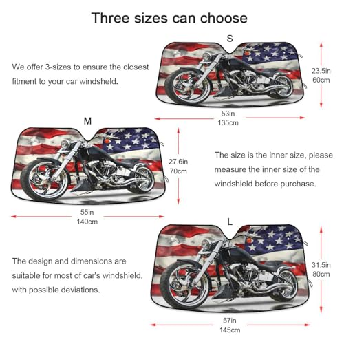 Car Windshield Sun Shade Black Motorcycle with American Flag Foldable Car Front Windshield Sunshade Blocks UV Rays Sun Visor Sun Heat Protection for Car Truck SUV to Keep Your Vehicle Cool (Small / Motorcycle with American Flag)