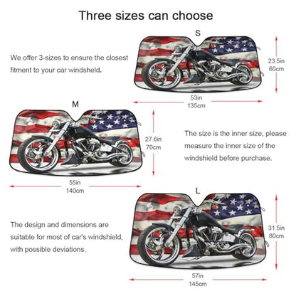 Car Windshield Sun Shade Black Motorcycle with American Flag Foldable Car Front Windshield Sunshade Blocks UV Rays Sun Visor Sun Heat Protection for Car Truck SUV to Keep Your Vehicle Cool (Small / Motorcycle with American Flag)