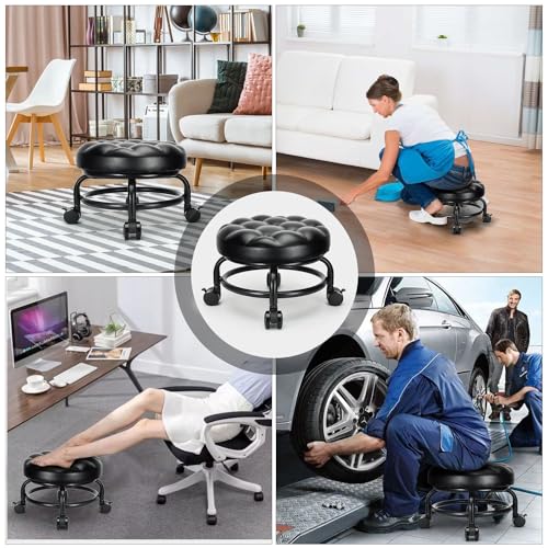 Low Height Rolling Stool Roller Stool PU Leather Comfortable Seat 360°Swivel Rotating (Style 1)
