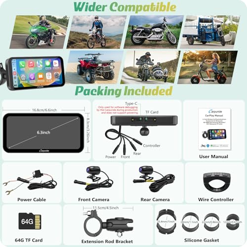 W603D 6.3" Motorcycle GPS Carplay Screen with 1080P Dual Cameras (6.3 inch)