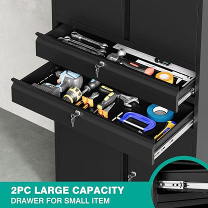 Metal Storage Cabinet with Wheels and Drawers (73"H x 31.5"W x 16"D-B / Black)