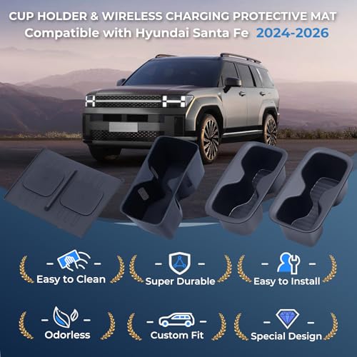 1st & 2nd Row Cup Holder Insert & Wireless Charging Protective Mat for Hyundai Santa Fe 2026 2025 2024 (for hyundai santa fe 2024-2026)