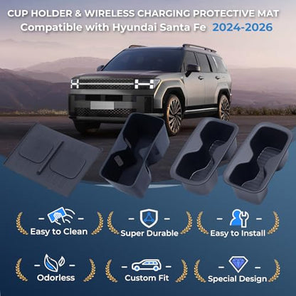1st & 2nd Row Cup Holder Insert & Wireless Charging Protective Mat for Hyundai Santa Fe 2026 2025 2024 (for hyundai santa fe 2024-2026)
