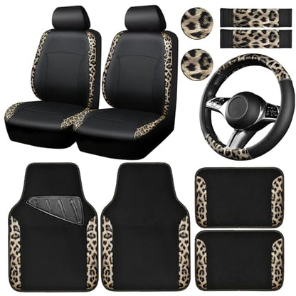 Leopard Print Faux Leather Car Seat Covers & Leopard Car Mats&Leopard Steering Wheel Cover Seat Belt Universal Car Accessories for SUV (Leopard Gold combo)