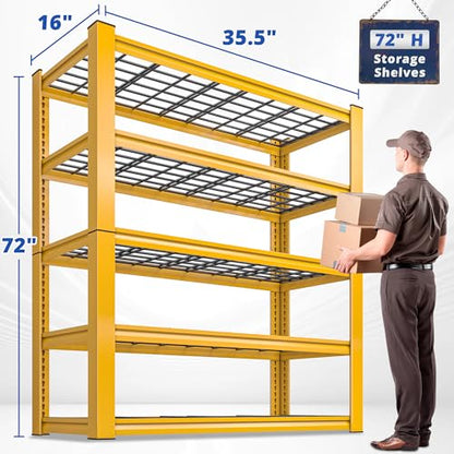 72''H Garage Shelving 3010 LBS Storage Shelves Adjustable Metal Shelving 5 Tier Metal Shelves for Storage Industrial Shelf for Kitchen Pantry Warehouse Basement 72" HX35.5 WX16 D (Yellow)