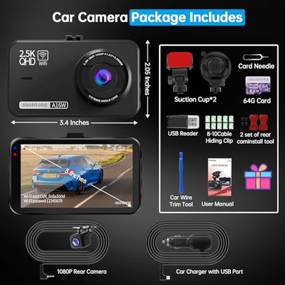 Dash Cam Front and Rear (64GB-A16W Dash Cam Front and Rear 2.5K WiFi)
