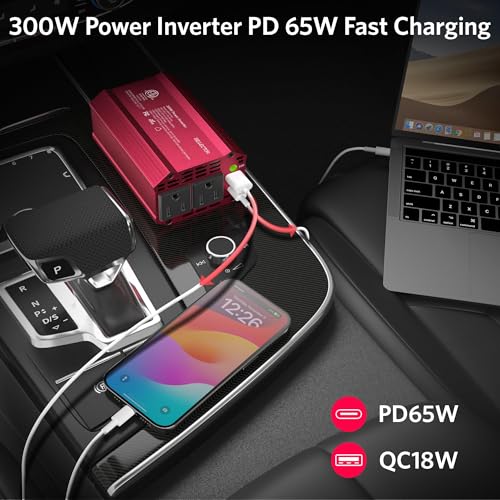 300W Power Inverter DC 12V to 110V AC Car Outlet Adapter with USB (Red)