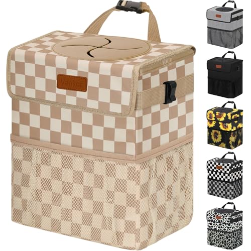 Car Trash Can with Lid Leak Proof Car Accessories for Women (2.2 Gallons / Khaki Checkered)