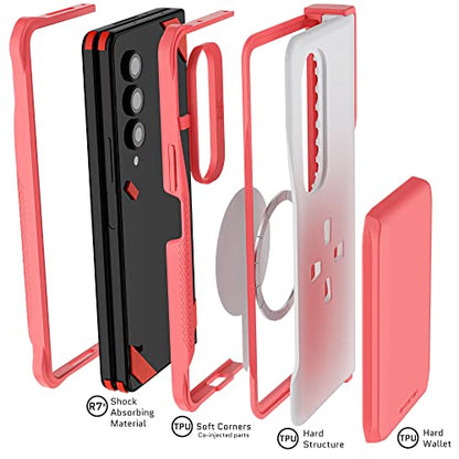 EXEC Wallet Galaxy Z Fold4 Case for Women with Detachable Magnetic Card Holder and Hinge Protection Supports Wireless Charging Phone Cover Designed for 2022 Samsung Galaxy ZFold4 (Galaxy Z Fold 4 / Pink)