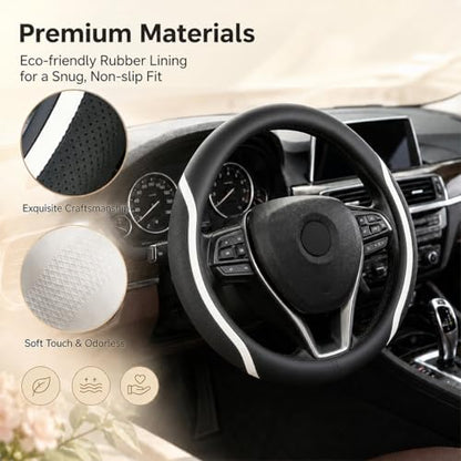 Steering Wheel Cover Black and White Leather Universal 14.5 (Medium / White)