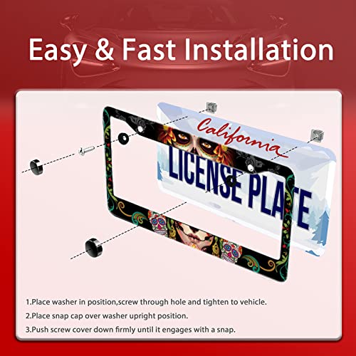 Sugar Skull Retro Stainless Steel License Plate Frame Fits US Standard (Sugar Skull Retro Skulls)