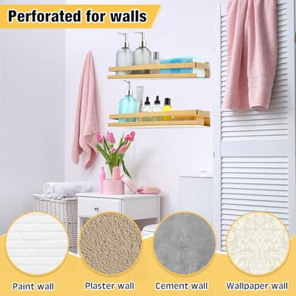 2 Pieces Stainless Steel Shelf Bathroom Shower Floating Shelves Wall Mounted Shower Caddy Basket Shelf Storage Organizer Shelves for Bathroom (15.75 Inch/ 40 cm / Gold)