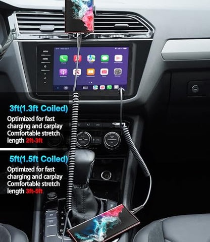 Coiled USB C Cable Fast Charging for Car 3FT (3FT/5FT / USB A to USB C / Black)