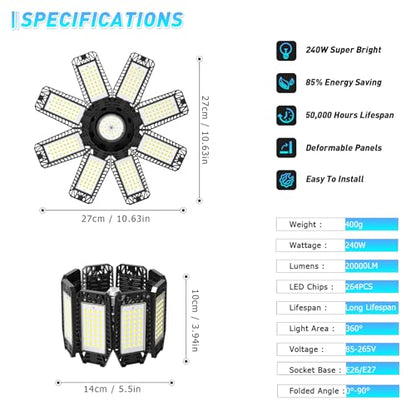 Garage Light 240W 24000LM 6500K Garage Lights Ceiling LED with 8+1 Deformable Panels (8+1 Panels)
