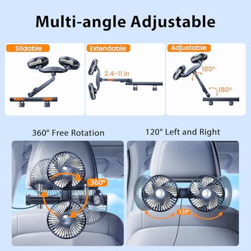 USB Car Fan for Backseat Kids Baby Rear Facing (White Blades / USB Car Fan-Long Arm)