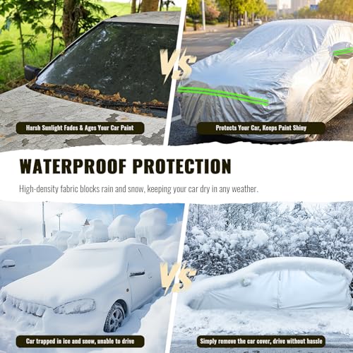 6 Layers Premium Full Car Cover Hard Shell Zipper Design Waterproof All Weather Weatherproof UV Sun Protection Snow Dust Storm Resistant Outdoor with Straps (Green reflective strip / Sedan-M ( Fit for Sedan 178"- 189" ))