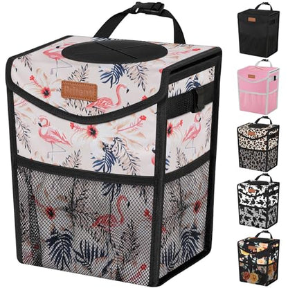 Car Trash Can with Lid Leakproof Car Garbage Bag Vehicle Trash Bin (2.8 Gallons / Flamingo Print)