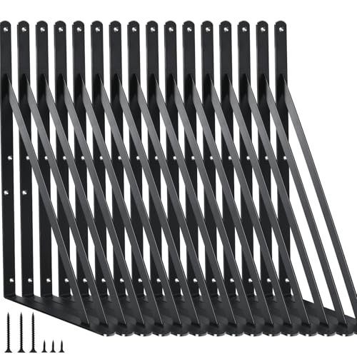 16 Pack L16 x H 10" Black Heavy Duty Shelf Brackets with Screws Metal Shelf Brackets Shelf Support Angle Brackets for Shelves L Brackets Heavy Duty Floating Shelf (16 Pack-Black / 16''x10'')
