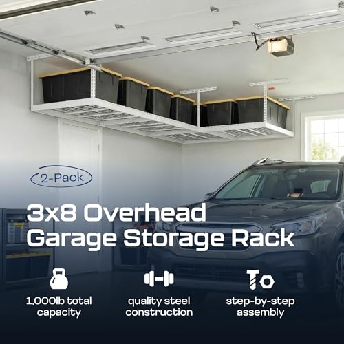 MonsterRax 2 Pack 3x8 Overhead Garage Storage Rack (White / 12"-21" (2 Pack))