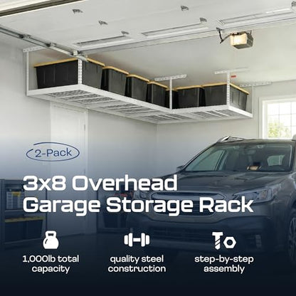 MonsterRax 2 Pack 3x8 Overhead Garage Storage Rack (White / 12"-21" (2 Pack))