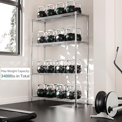 3400 LBS Garage Shelving Wide Storage Shelves 4 Tier Metal Shelves Heavy Duty Adjustable Utility Shelf Rack Chrome 17.7" D x 47.2" W x 70.4" H (4 Tier, 17.7" D x 47.2" W x 70.4" H / Chrome)