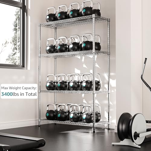 3400 LBS Garage Shelving Wide Storage Shelves 4 Tier Metal Shelves Heavy Duty Adjustable Utility Shelf Rack Chrome 17.7" D x 59.1" W x 70.4" H (4 Tier, 17.7" D x 59.1" W x 70.4" H / Chrome)