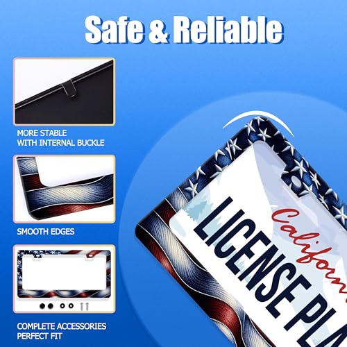 American License Plate Frame Stainless Steel Accessory 12.3 x 6.3 Inch (American USA Flags)