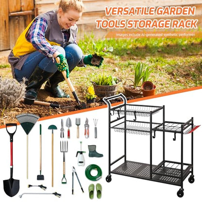 Rolling Garden Tool Organizer with Shelves and Hooks (Deluxe Rack)