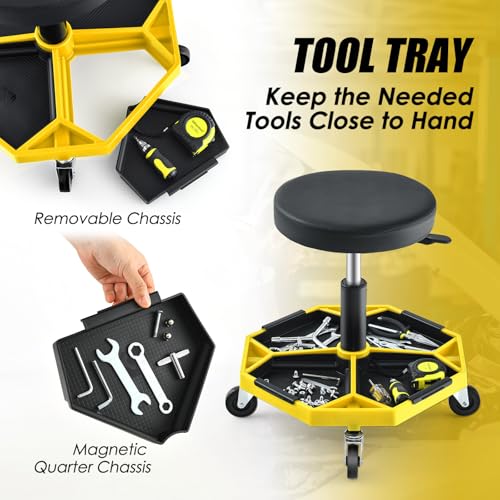 Rolling Mechanic Stool with Removable Tool Tray & Padded Cushion (Bottom Tool Tray / Yellow)