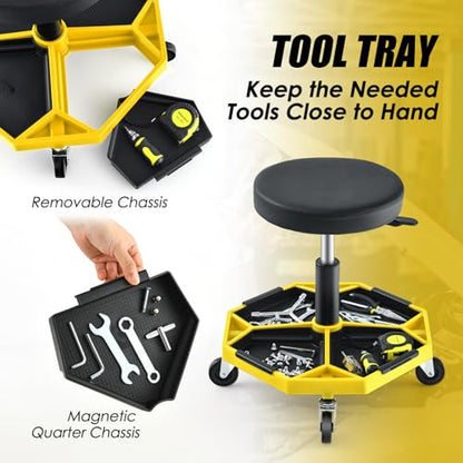 Rolling Mechanic Stool with Removable Tool Tray & Padded Cushion (Bottom Tool Tray / Yellow)