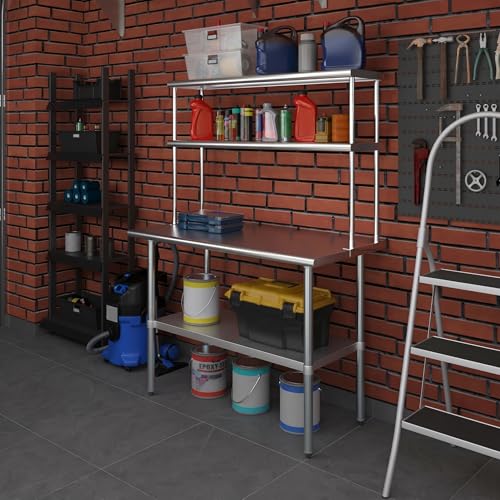 Stainless Steel Work Table Wide Double Tier Overshelf (24" x 48" Work Table + 12" Overshelf)