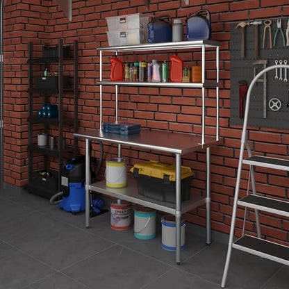 Stainless Steel Work Table Wide Double Tier Overshelf (24" x 48" Work Table + 12" Overshelf)