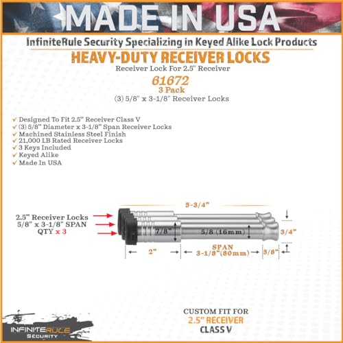 61672 | 3 Pack, Keyed Alike, Receiver Locks for 2" and 2.5" Receiver Class III, IV, V and Gen-Y Hitch Mega Duty 10K LB & 16K LB (Fits: 2" And 2.5" Receiver Class III, IV, & V / 3PK (3) Receiver Locks)