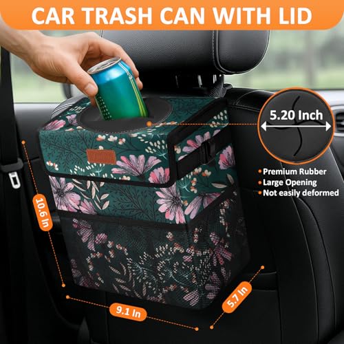 Car Trash Can with Lid Leak Proof Car Accessories for Women (2.2 Gallons / Navy Floral)
