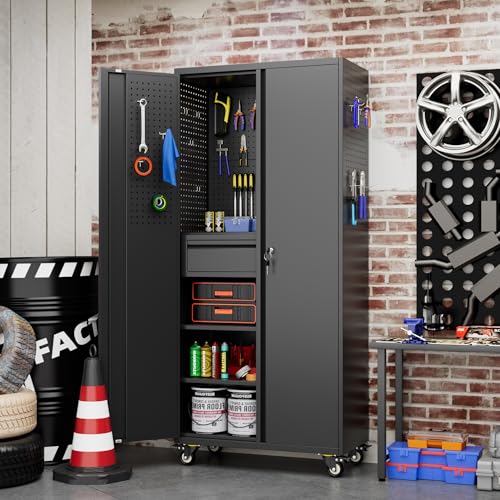 71 Inch Garage Storage Cabinet with Drawer (Black / 15"D x 30"W x 71"H)